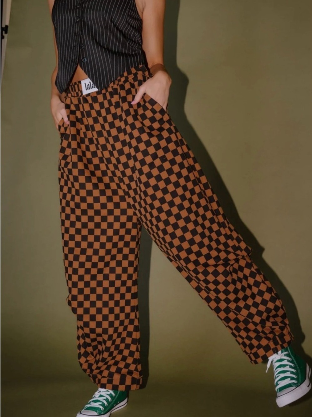 Dressed in LALA Brown & Black Checkerboard Track Pants